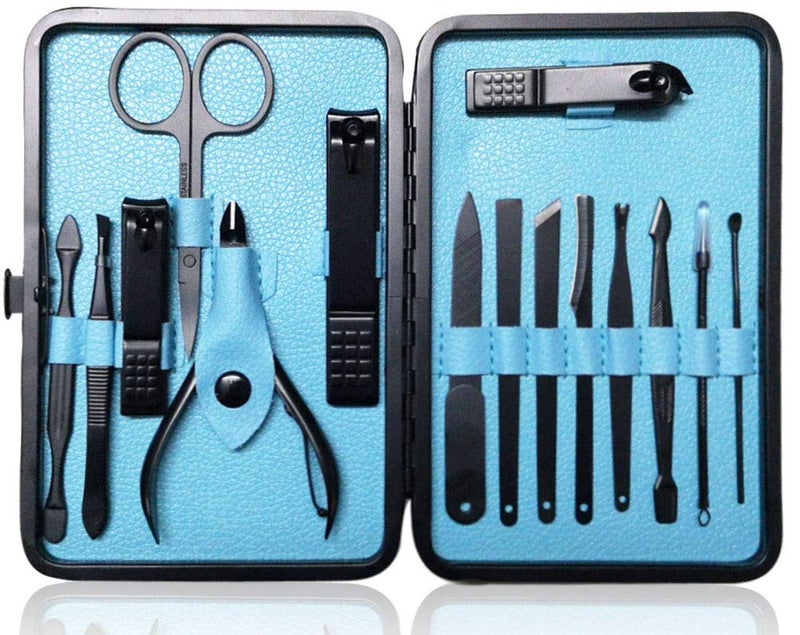 QLNE Nail Clippers Sets High Precisio Stainless Steel Nail Cutter Pedicure Kit Nail File Sharp Nail Scissors and Clipper Manicure Kit Fingernails & Toenails with Portable Stylish case (Blue 15-Piece) - Image 1
